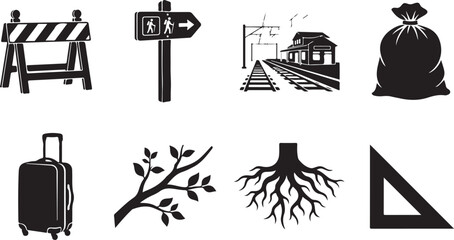 Travel, transportation, and construction icons, set of 8 black vector symbols © Nayeem