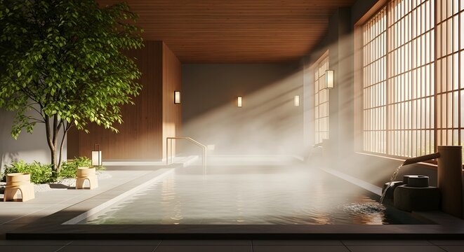 Indoor Japanese hot spring with steam and sunlight
