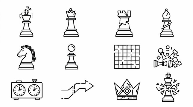 Chess game line icons set featuring king queen knight bishop rook pawn and clock.