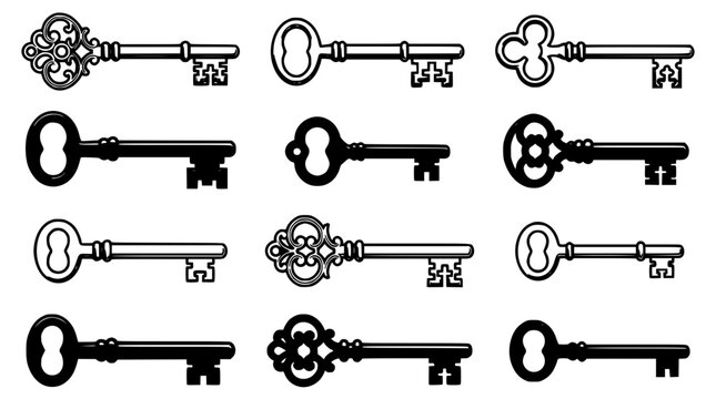 Keys Icon Set with Ornate Circular and Heart Shapes, Simple Line Art, and Assorted Decorative Key Heads in Rows
