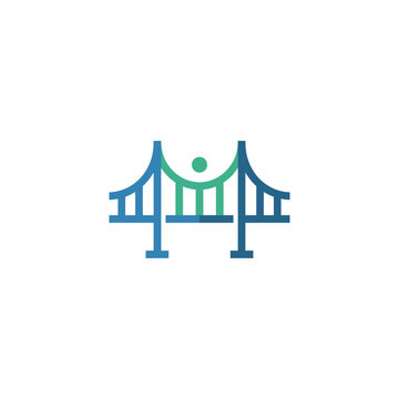 Simple blue bridge icon with central green sun.