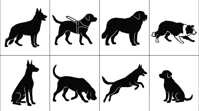 Collection of different working dog silhouettes including German Shepherd service guide dog border collie puppy jumping and sitting