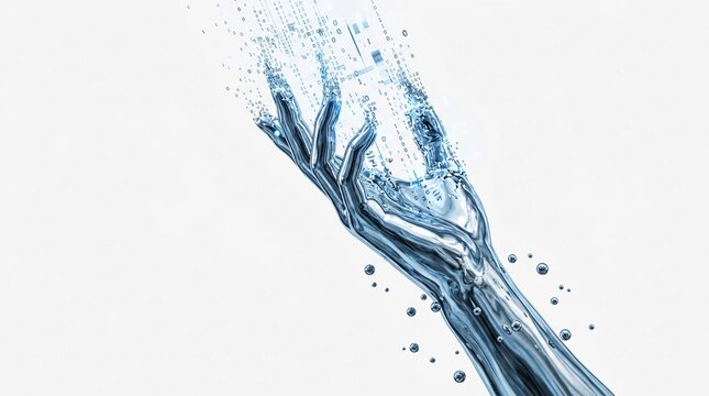 Futuristic water hand reaching upward, liquid human arm made of splashing blue droplets, conceptual digital art of fluid motion and hydration