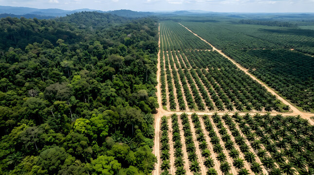 Aerial view of palm oil plantation next to lush rainforest