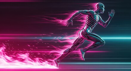Obraz premium Futuristic sprinter with pink neon light trails on dark background.