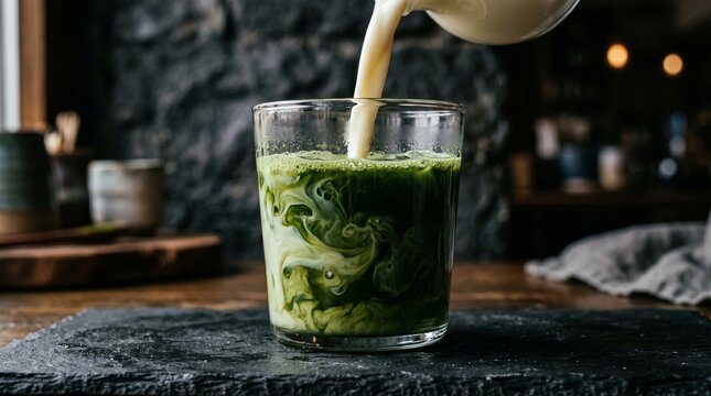 Creamy milk pouring into green matcha tea with swirling liquid textures. Dark moody background.