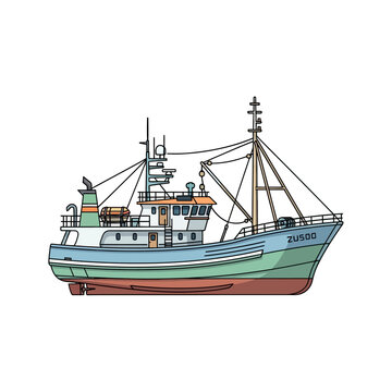 Fishing boat illustration, commercial vessel, maritime transport, nautical industry