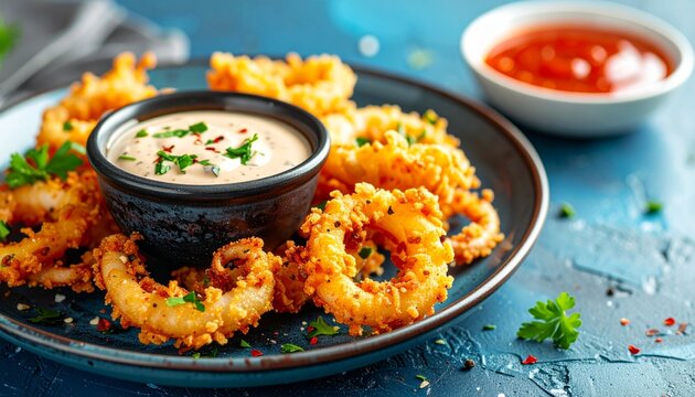 Crispy fried calamari served with dipping sauce on a blue table, appetizing seafood snack, professional food styling
