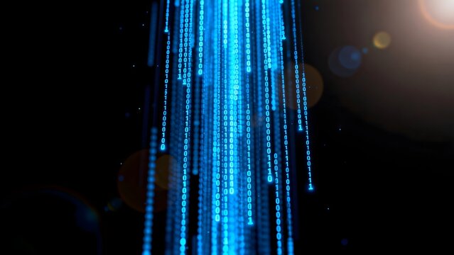 Digital binary code stream on dark background