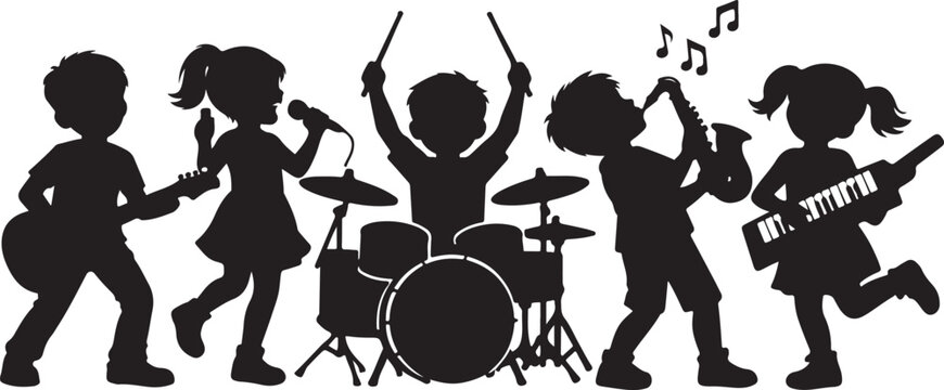 A happy group of children silhouetted in black while playing musical instruments and having fun together as a band silhouette vector white background