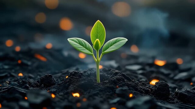 New life and hope concept: A small green seedling growing from black ashes and glowing embers after a forest fire.