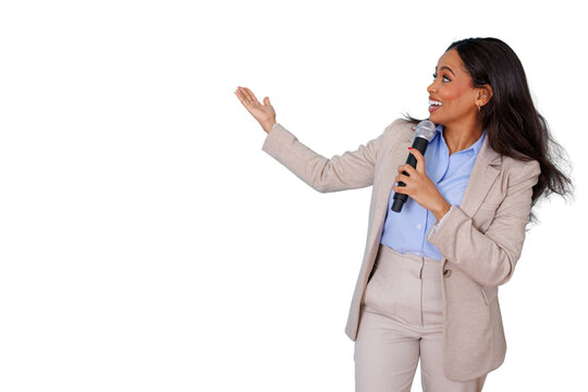 Businesswoman speaking into microphone, gesturing, presenting concept, confident leader, happy public speaker, transparent background