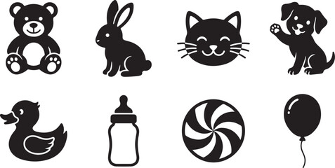 Vector icons set of cute baby nursery baby nursery room elements, teddy bear, bunny, cat, cat, duck, duck, bottle, bottle, lollipop, lollipop, balloon © Nayeem