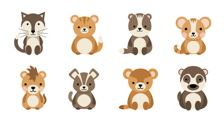 Obraz premium Cute set of flat vector illustrations featuring various adorable woodland animals with brown color palettes