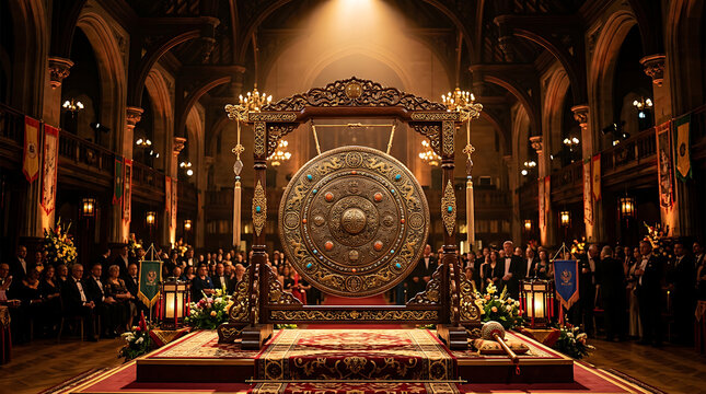 Ornate ceremonial gong displayed in grand hall with audience and elaborate decorations, awaiting striking