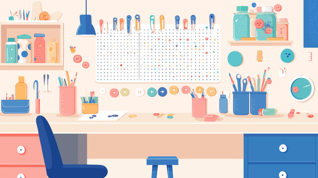Bright craft workspace with pegboard jars, brushes, tools, and a blue chair now