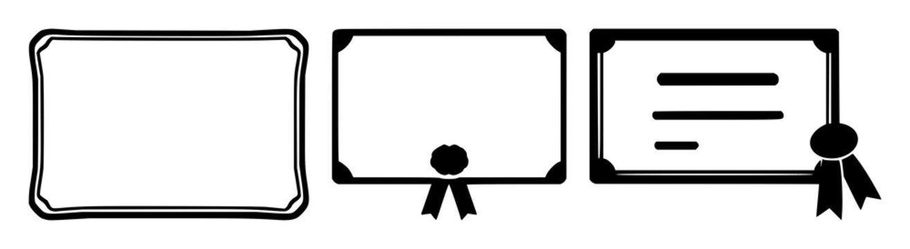 Certificate of Completion set with solid black icon on white background featuring completion, award, achievement with flat design and vector