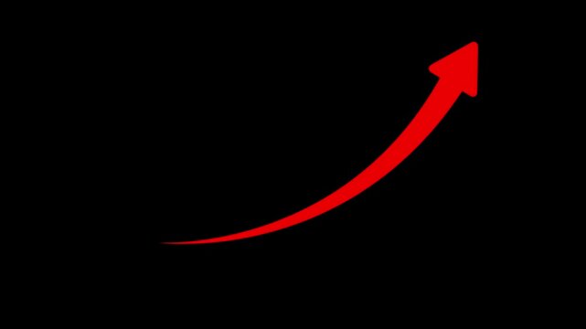 Red  arrow animation rising from down to up, abstract economy chart icon on black  background. Smooth directional motion video.