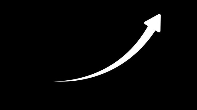 white arrow animation rising from down to up, abstract economy chart icon on black  background. Smooth directional motion video.