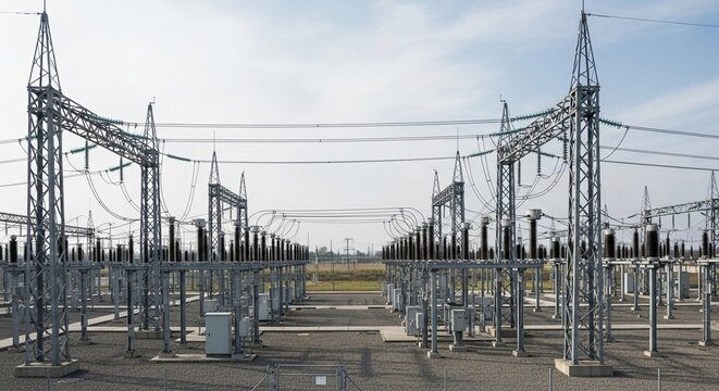 Extensive Electrical Power Substation with Rows of Equipment and Overhead Transmission Lines Under a Bright Sky