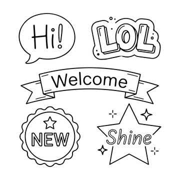 Hand drawn speech bubbles, welcome labels, and star icons, doodle style, black and white vector graphics, 5 elements