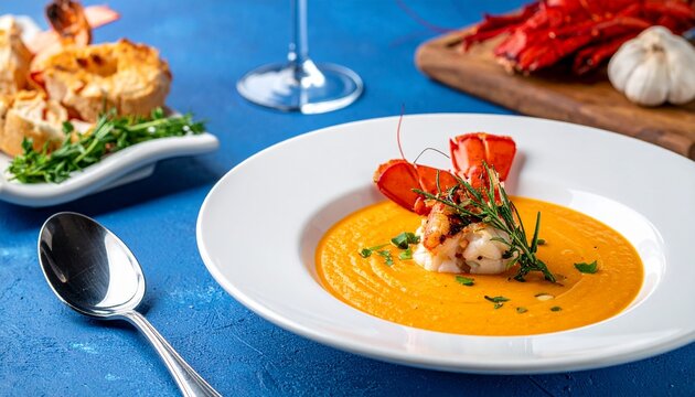Lobster bisque served elegantly on a blue dining table, fine dining presentation, warm and inviting atmosphere