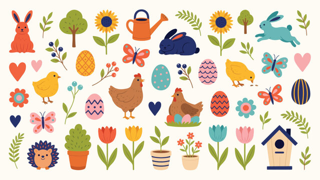 Easter vector illustration set featuring cute bunnies chickens colorful eggs flowers butterflies and spring garden elements on white background