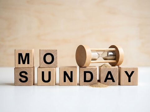 Wooden blocks spell out monday next to hourglass time