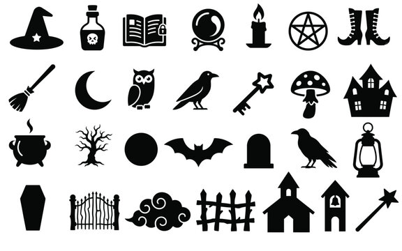 Set of black silhouette magic and hellowen witchcraft icons on a white background.

