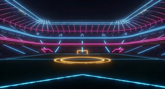 Neon lit sports arena with glowing field lines