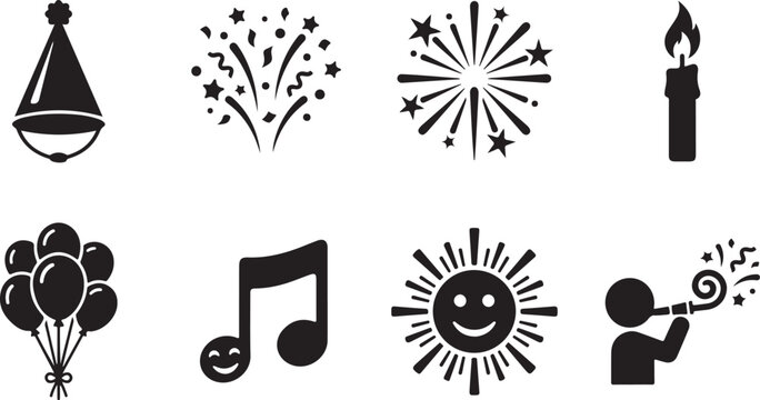 Black party icons, festive symbols, celebration graphics, 8 silhouette elements