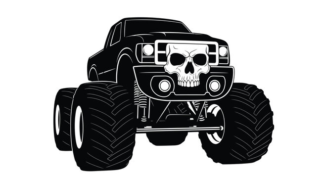Monster truck with skull grille black and white silhouette