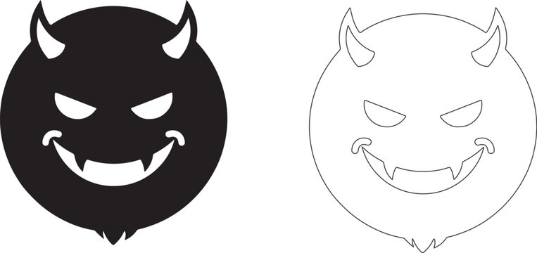 Devil faces, evil icons, monster symbols, black and white illustrations, 2 devil heads