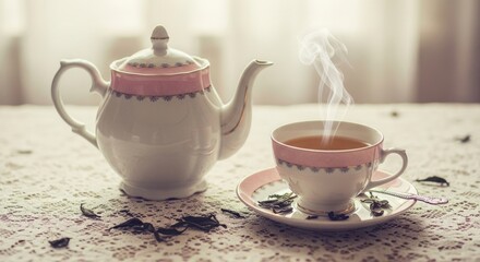 Fototapeta premium Elegant porcelain teapot and teacup set with pink trim and loose tea leaves on a rustic table for a cozy afternoon tea break