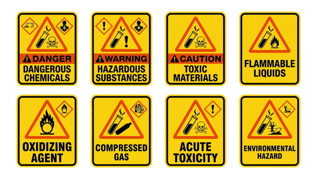 Set of Hazardous Warning Signs: Chemicals, Flammable, Toxic, Gas, Oxidizing