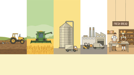 Wheat Bread Production Process Infographic Vector Illustration from Farm Tractor Harvest Silo Factory Bakery to Fresh Bread for Agriculture Education Designs © PANNA12