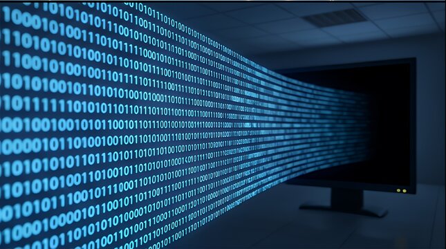 Binary Data Stream: Digital Matrix Visualization on Monitor