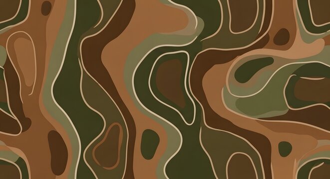 Seamless camouflage pattern with fluid organic shapes in earthy tones.