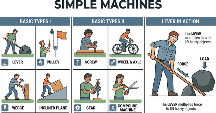 Simple Machines Educational Infographic Vector Illustration with Lever Pulley Screw Wheel Axle Wedge Inclined Plane Gear for Science Physics Designs