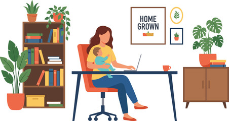 Mother Working from Home at Laptop While Holding Baby Vector Illustration for Remote Work Parenting Balance Maternity and Lifestyle Designs © ATAUR