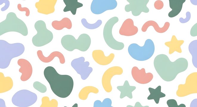 Seamless pattern with hand drawn abstract shapes and organic forms in pastel colors.