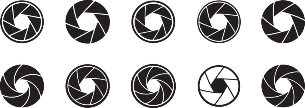 Set of camera lens diaphragm and aperture shutter silhouette icons, professional vector EPS design.