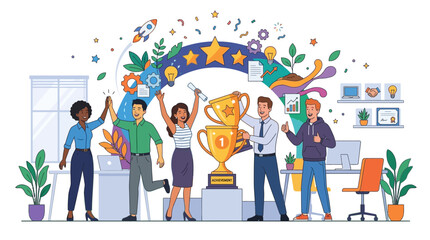 Fototapeta premium Teamwork success celebration with trophy, stars, and rocket launch