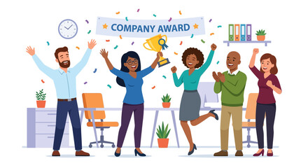 Fototapeta premium Happy people celebrating company award with trophy and confetti in office