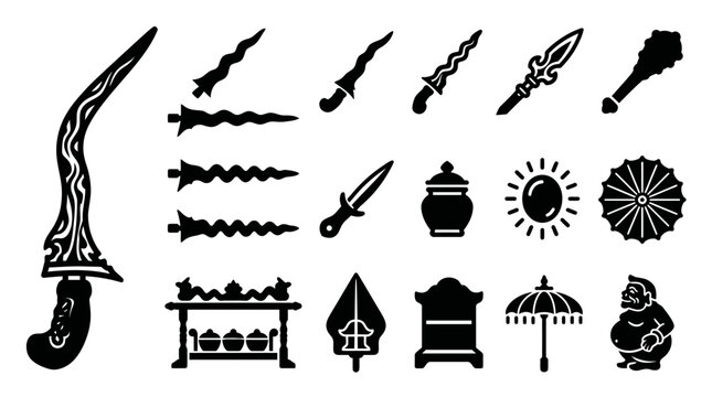 Flat vector icon set of traditional Indonesian Javanese culture, featuring historic kris daggers, ceremonial items, and spiritual symbols for various design projects