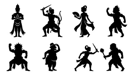 Obraz premium Dynamic vector silhouette icon set showcasing ancient mythological characters, powerful warrior figures, and traditional deity poses, perfect for cultural designs and historical themes