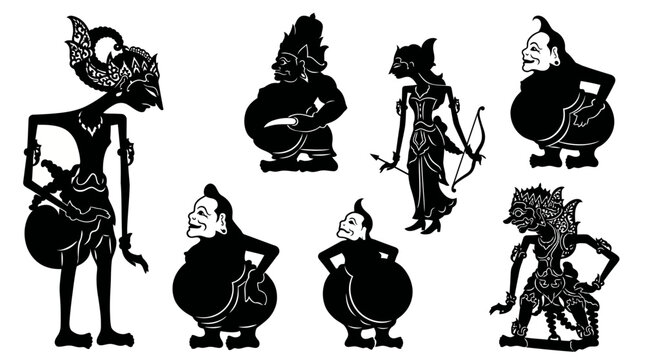 Diverse traditional Indonesian Wayang Kulit shadow puppet character silhouettes, depicted in a flat vector style, showcasing ancient cultural storytelling and performing arts ensemble