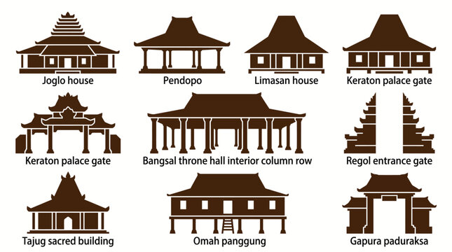 Cultural Architecture Flat Vector Icon Set Traditional Indonesian Javanese Houses, Palace Gates, and Sacred Building Silhouettes Collection