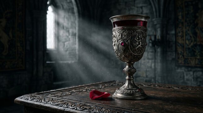 Antique silver goblet with red liquid and rose petal on a dark wooden table. Dark gothic fantasy background.