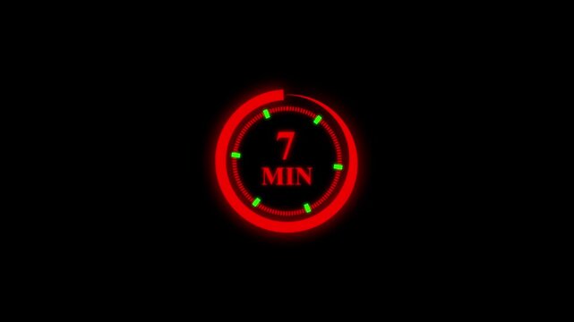 Digital stopwatch countdown interface animation on black, Modern circular progress timer 7 minute countdown 4k.
